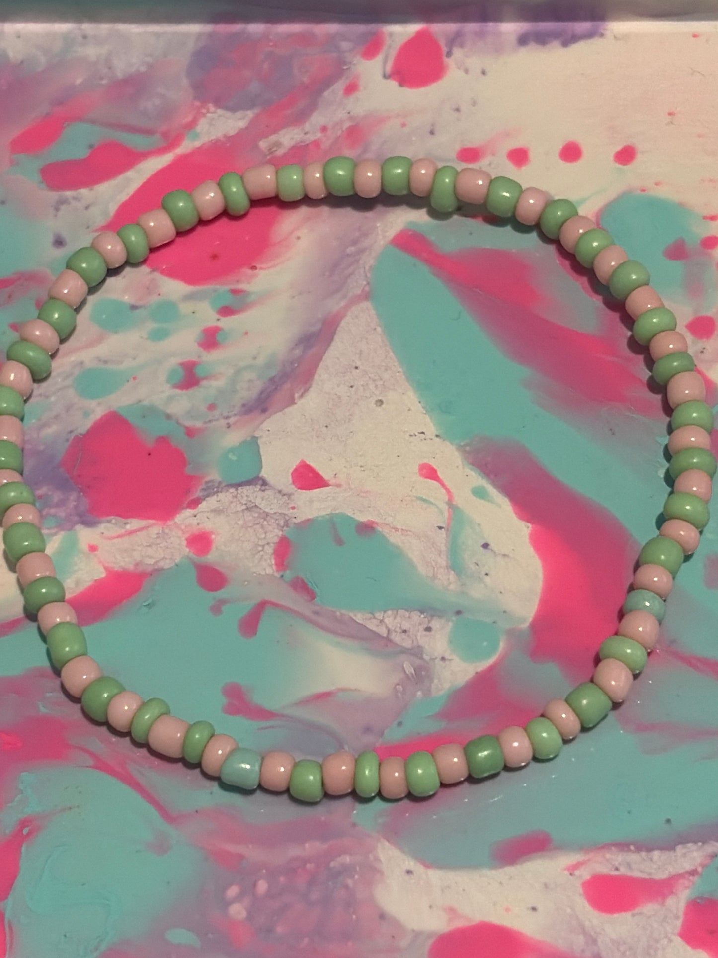 Green and pink seed bead bracelet