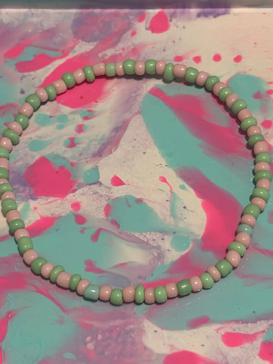 Green and pink seed bead bracelet
